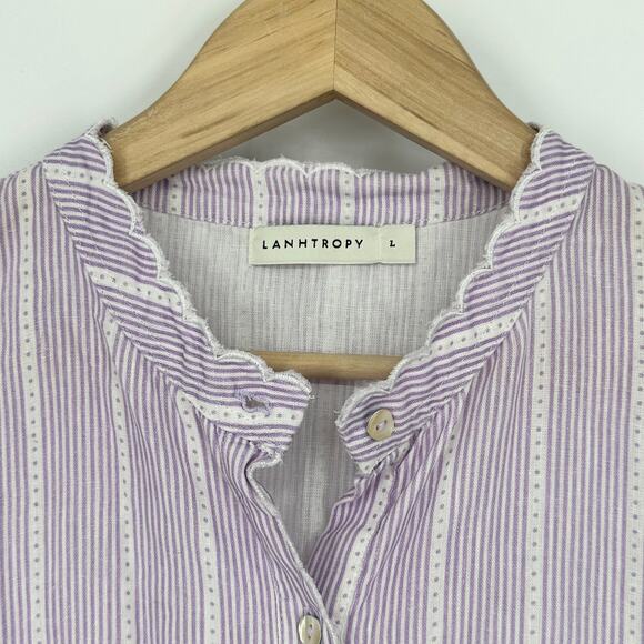 Tuckernuck LANHTROPY 100% Linen Scallop Blouse Striped Puff Sleeve Shirt Top - Picture 9 of 15